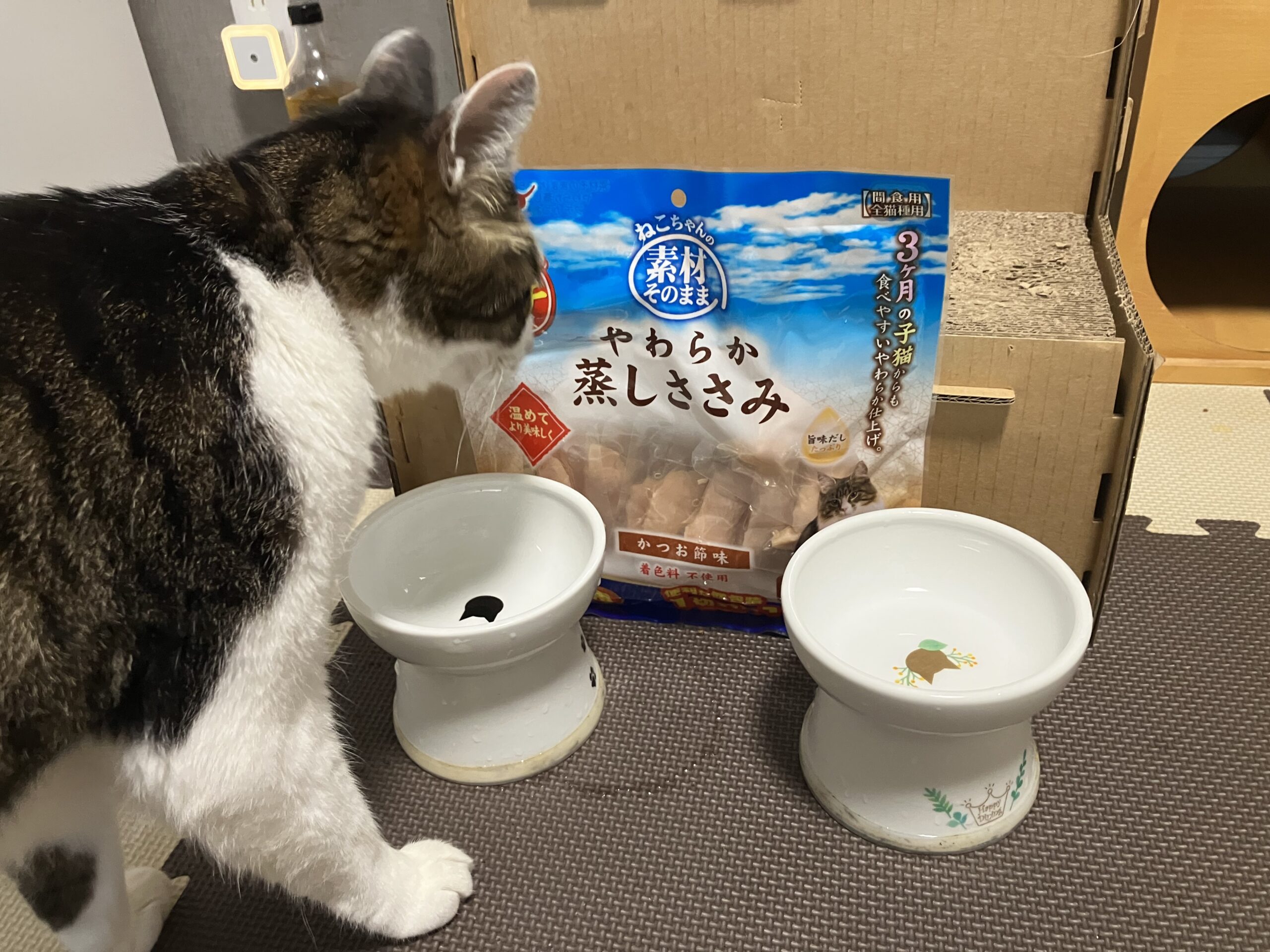 やわらか蒸しささみ パッケージと猫