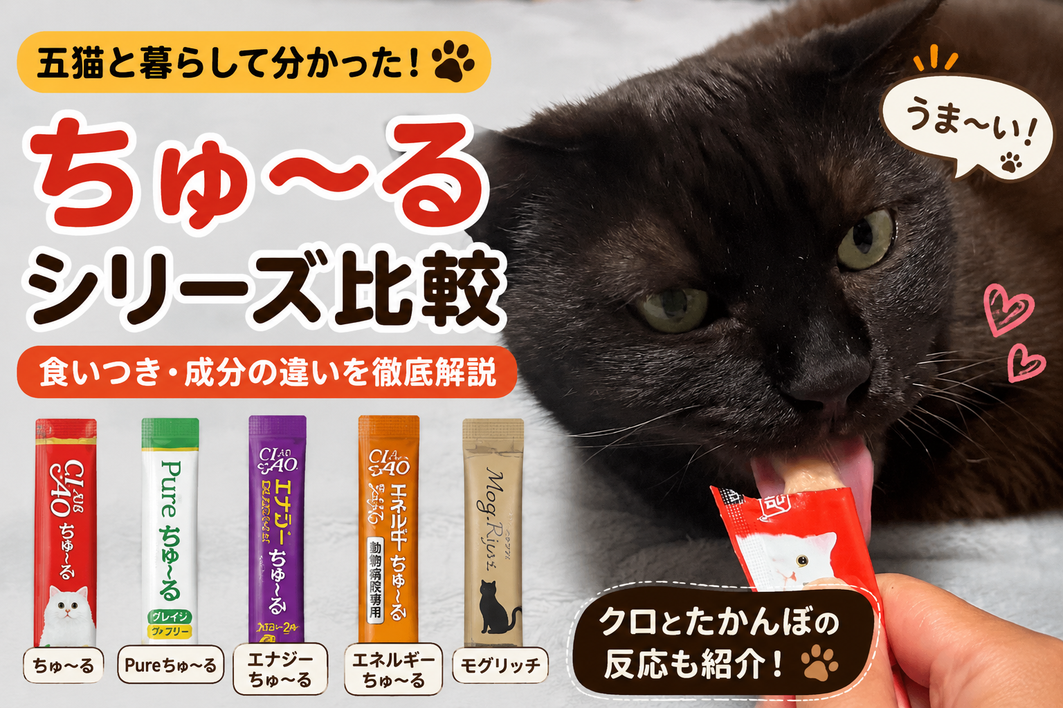 【比較】猫用ちゅ～るシリーズの違い｜Pure・エナジー・エネルギーちゅ～るを比較