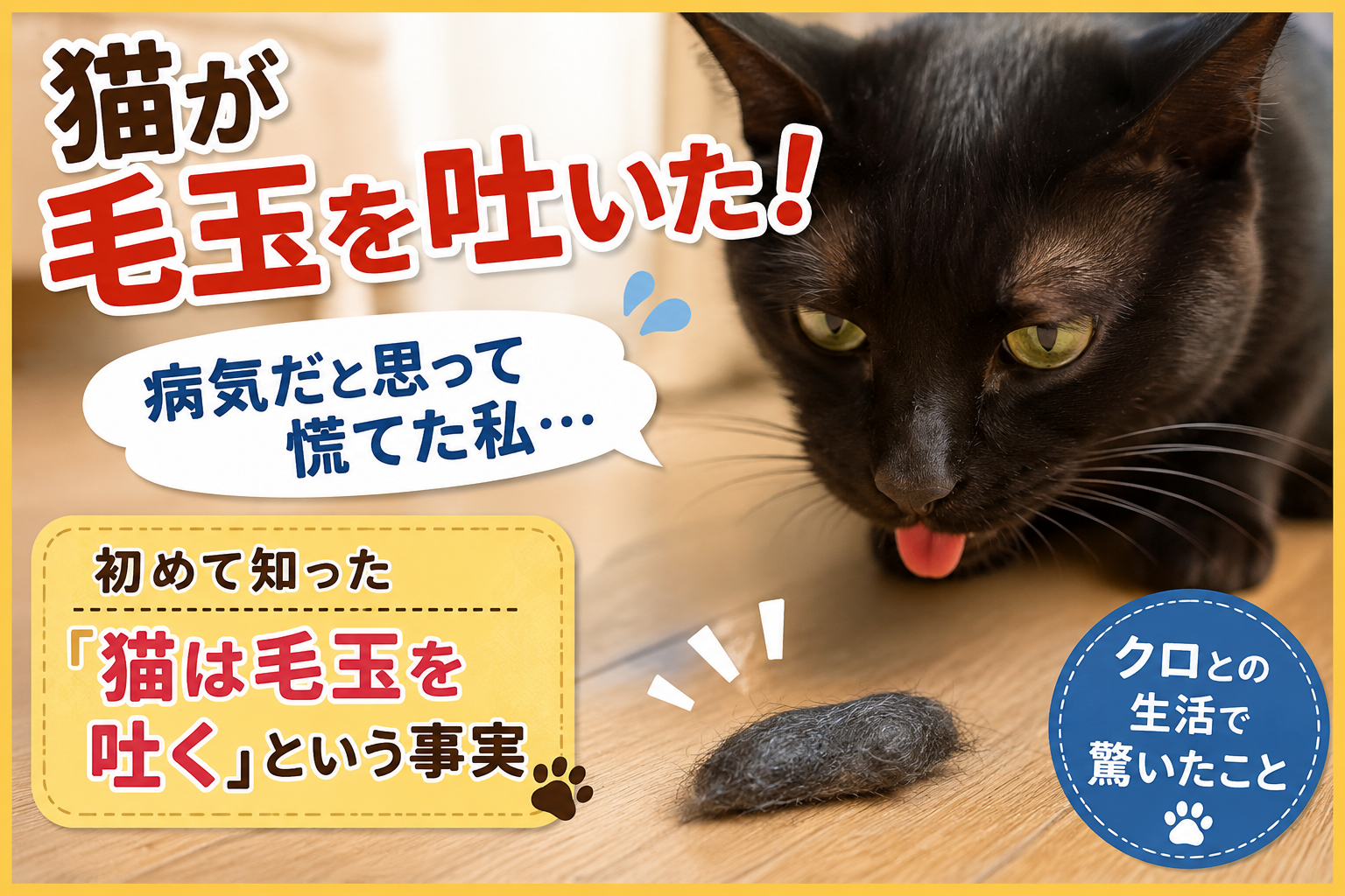 猫が毛玉を吐いた！初めて見た私は病気だと思って慌てました【クロとの生活で驚いたこと】