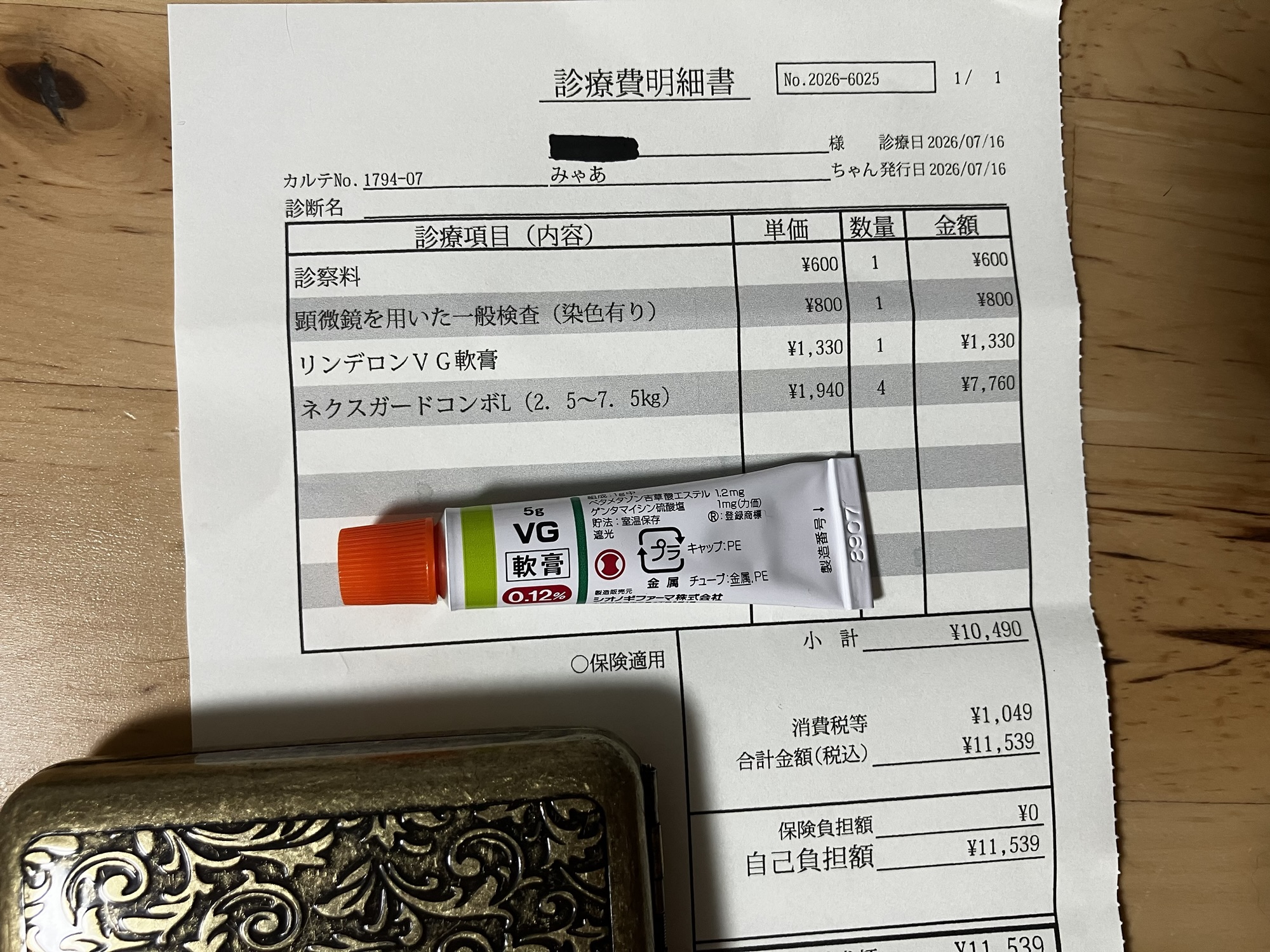 みゃあの診療費明細とリンデロンVG軟膏の写真