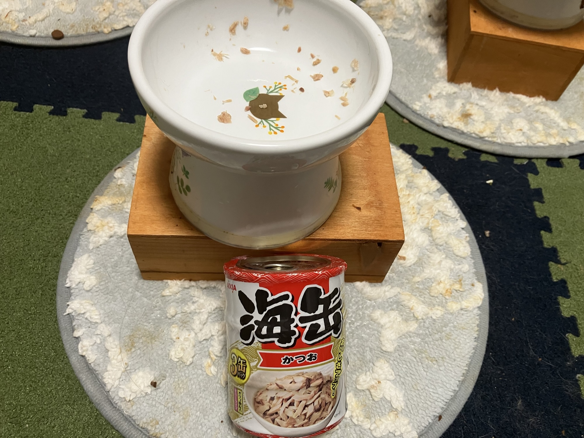 アイシア海缶かつお60gを完食した16歳の黒猫クロの食後の食器